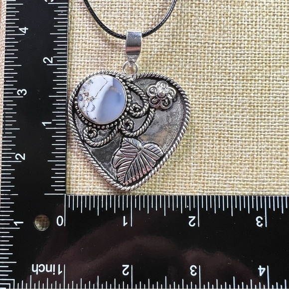 New Large Dendritic Opal Heart Silver Overlay Pendant Necklace w Cord - Picture 5 of 6